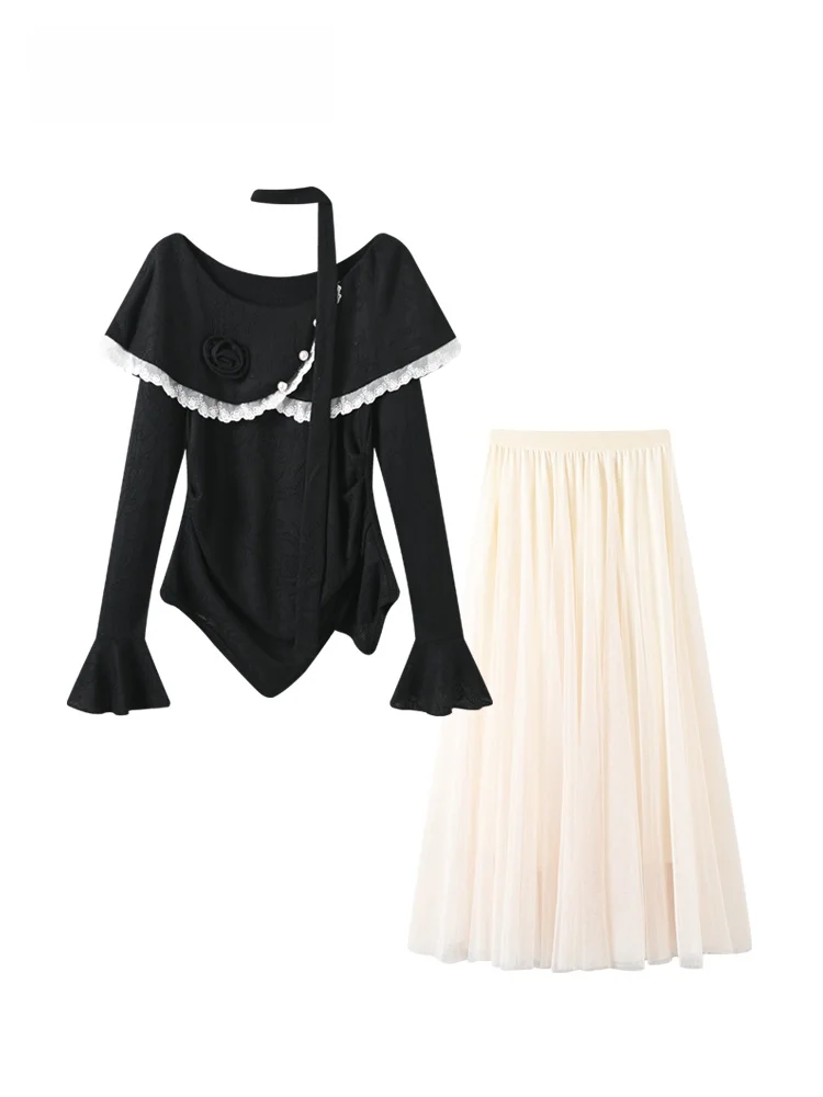 

plus Size Spring Faion Set with T-irt And Skirt for Women Ele Sle Polyester Fiber Long Sve Universal Fit