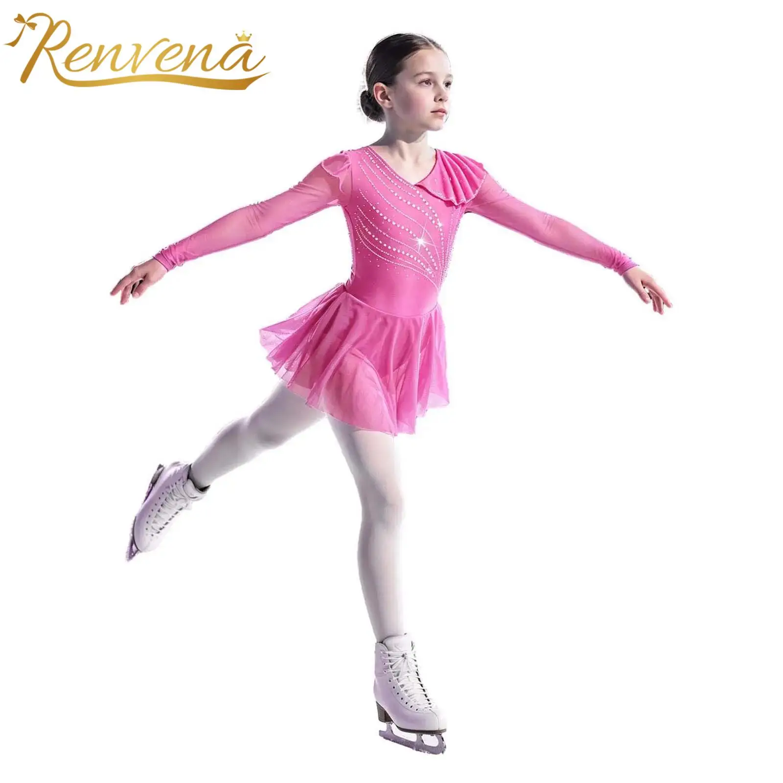 Kids Girls Figure Skating Dress Ballet Dance Costume Gymnastics Leotard Finger Holes Shiny Rhinestone Mesh Patchwork Dress