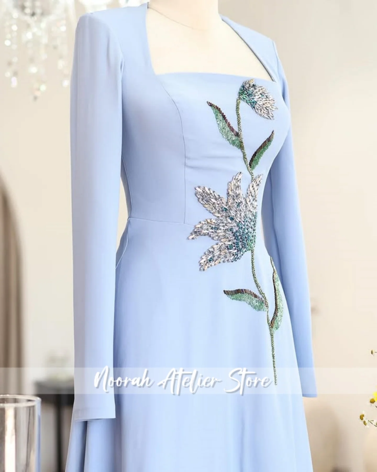 Neue Sky Blue Quadrat Kragen Luxuriöse Hohe Qualität Frauen Abendkleid 2025, Applikationen Hochzeit Party Langes Kleid Vestidos Angepasst