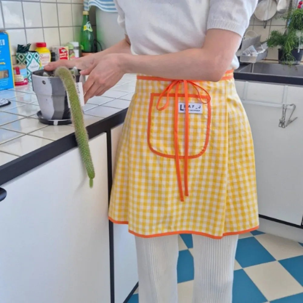 New Cotton Half Waist Apron Stain Resistant Square Check Pattern Cooking Apron Breathable Kitchen Apron Baking
