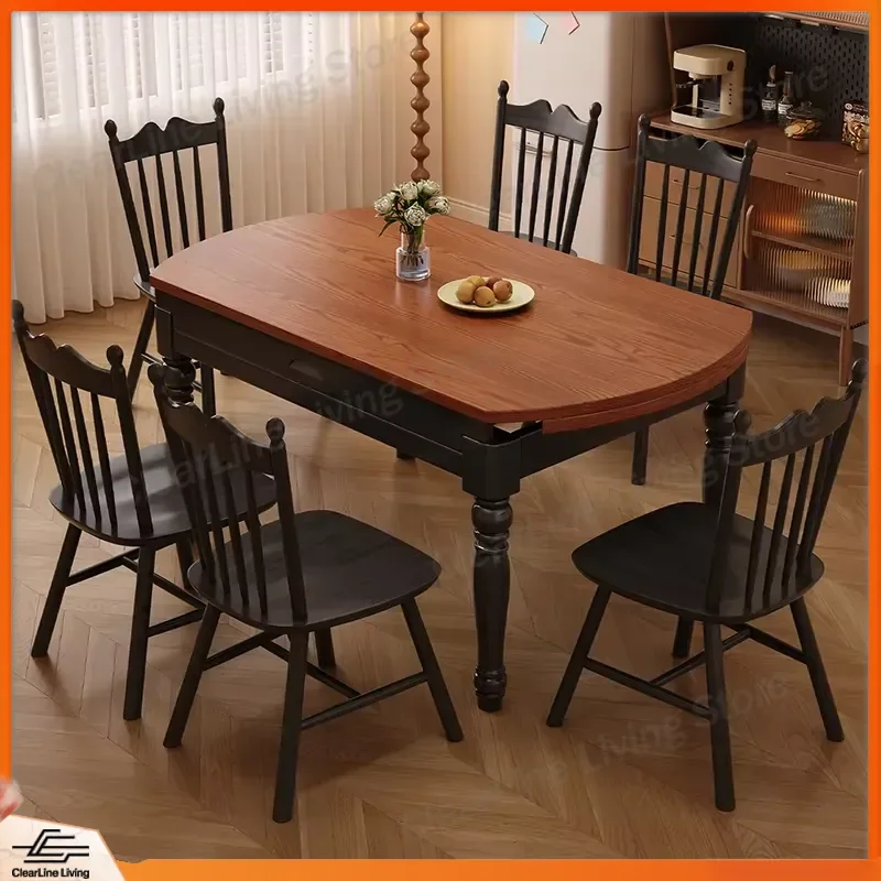 Luxury Solid Wood Folding Dining Table Adjustable Height Extendable Dual Purpose Kitchen Table with Roman Column Base Modern