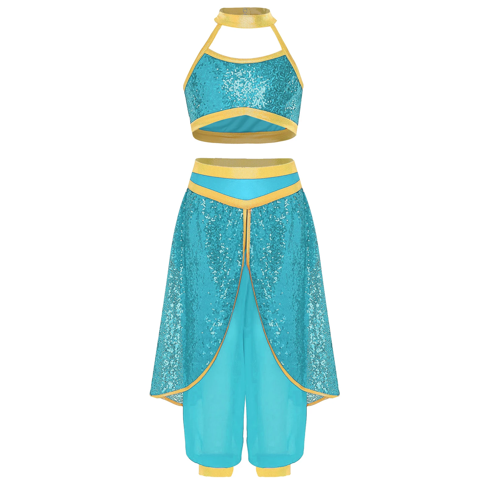 

Girls Indian Arabian Belly Dance Costume Sleeveless Sequins Crop Top with Overlay Pants Halloween Arab Princess Cosplay Outfits