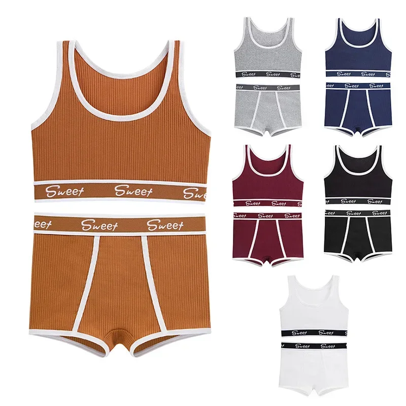 Women Seamless Underwear Set Fitness Pure Cotton Underwear Wide-brimmed Letter Sports Vest Middle Waist Boxer Briefs Bra Set