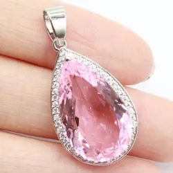 Buy 3 Get 1 Free 37x18mm Highly Recommend Big Gemstone Drop Pink Kunzite Green Peridot White CZ Woman's Silver Pendant