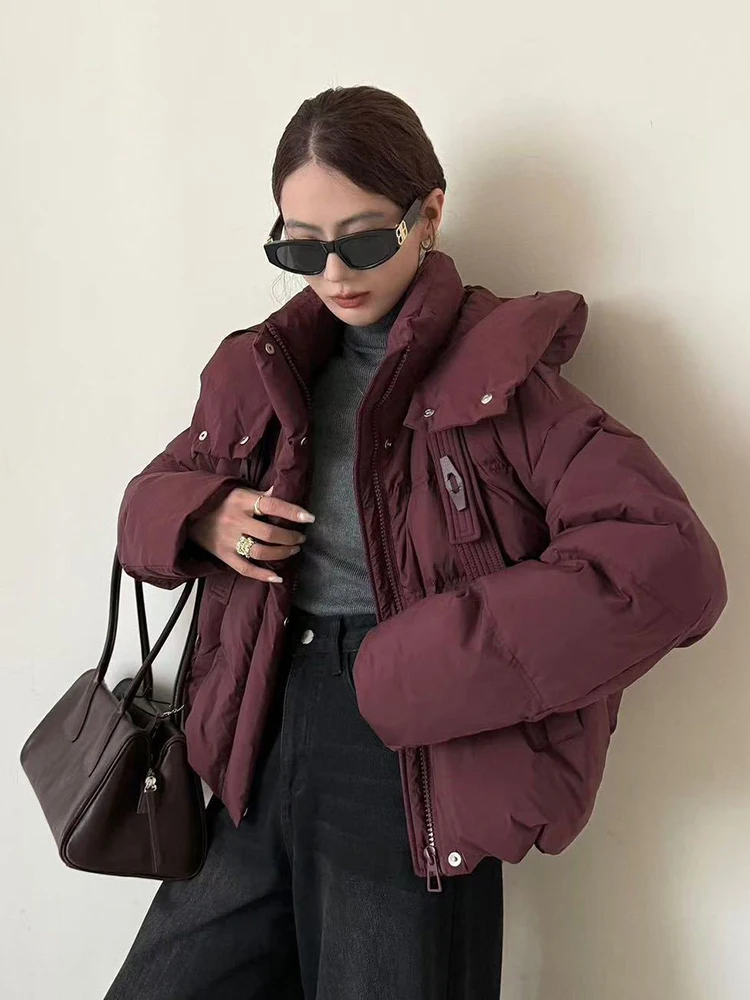 

Loose Hooded Down Jacket Women White Duck Down Thick Fluffy Parker Outwears Female Zipper Solid Warm Quilted Jacket