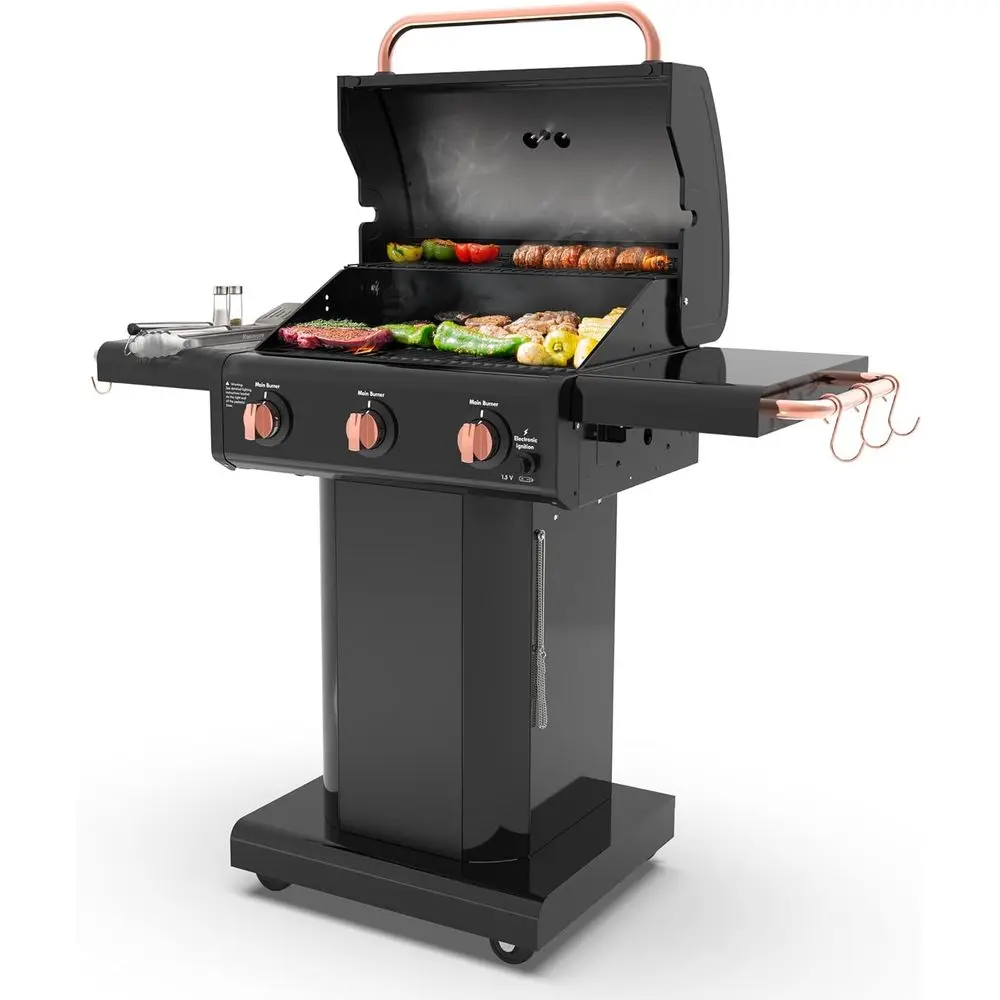 

3-Burner Propane Grill with Cast Iron Grates, Foldable Side Shelves, Warming Rack, and BBQ Tool Hooks - 30,000 BTU, Black & Copp