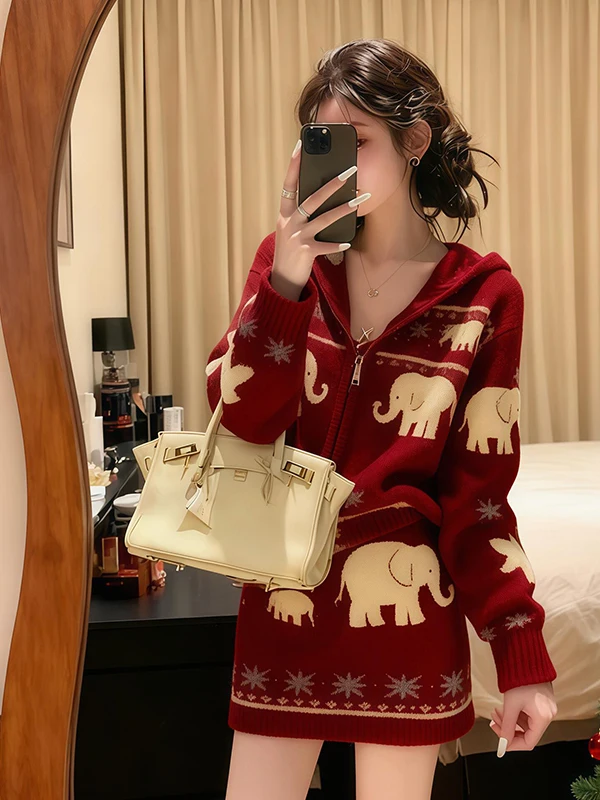 

Red Knitted Sweater And Skirt Set Women's Cisas Sle Loose Fit Faion Two-Piece Autumn Winter Outfit High Waist Skirt