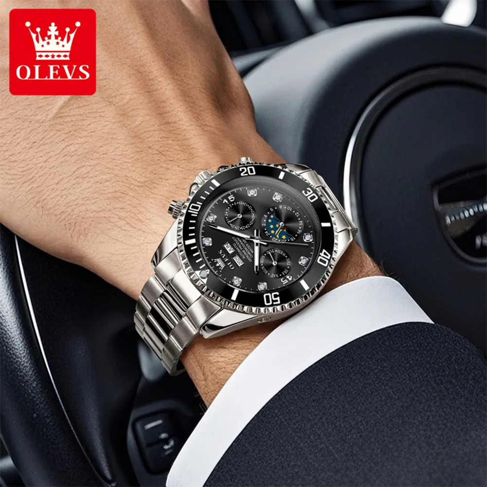 OLEVS 6729 ساعة رجالية فاخرة ماركة أوتوماتيكية ساعة ميكانيكية متعددة الوظائف مرحلة القمر مقاوم للماء ساعة رجالية فستان رياضي
