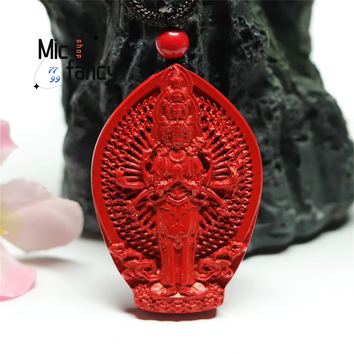 Natural Authentic Carving Thousand-handed Avalokitesvara Pendant Red Cinnabar Beads Necklace Simple Patron Saint Retro Style