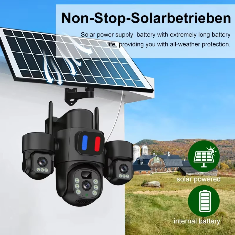 WIFI Solar PTZ Camera Outdoor 15MP Three Lens Three Screen Security Surveillance Camera 360 PIR Detection Solar CCTV EseeCloud