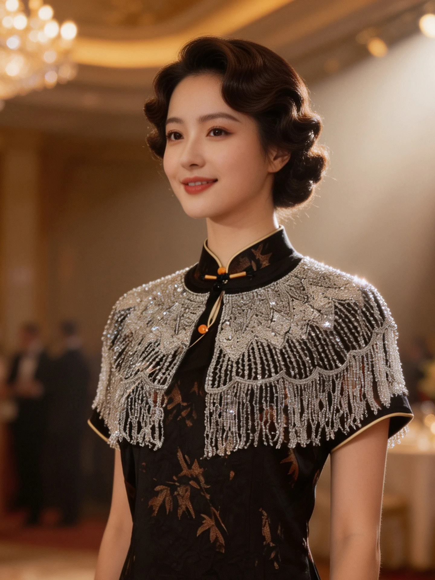 エレガントな中国風のチャイナドレスショール、女性用シルバーレースタッセル付きクローク、高級イブニングガウンアウターウェア、多用途で普段使いにも最適