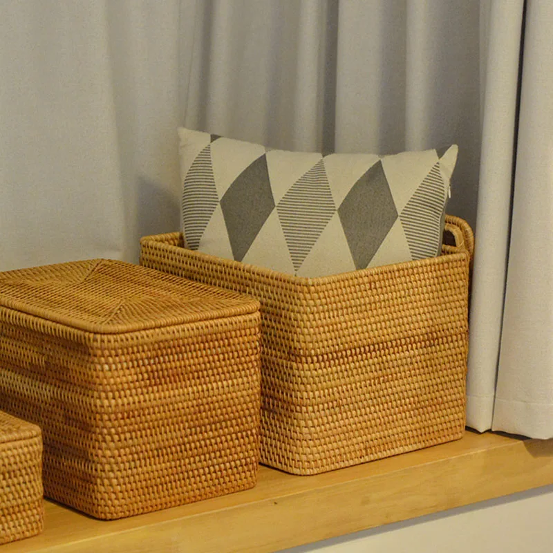 

Rectangular Hand Woven Storage Baskets, Large Rattan Storage Box with Lid, Laundry Bins, Closet Organizer, Sundries Container