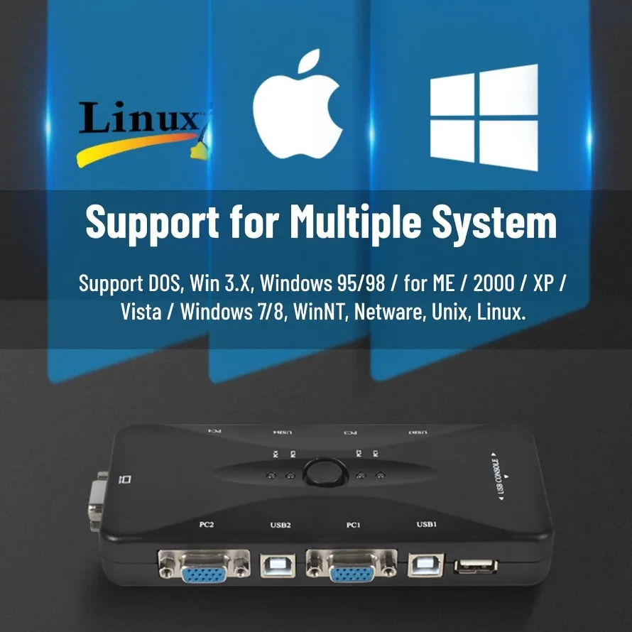 Przełącznik KVM VGA 4-portowy 1080P USB2.0 Rozdzielacz KVM Mysz Klawiatura Drukarka Pendrive Adapter do Udostępniania Przełącznik KVM — zdjęcie produktu 6
