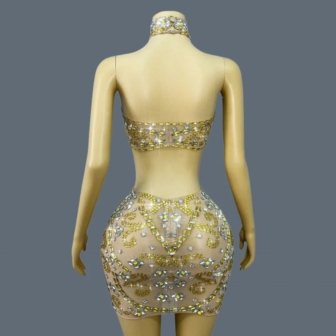 Crop Tops Mini Skirt 2Pieces Set Party Spicy Girl Outfit Sparkly Golden Crystals See Through Mesh Showgirl Wear shuanghuanglian
