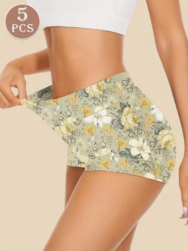 Imagen 2 del producto Paquete de 5 ropa interior de mujer de cintura alta levantamiento Abdominal y levantamiento de glúteos patrón impreso estilo cómodo