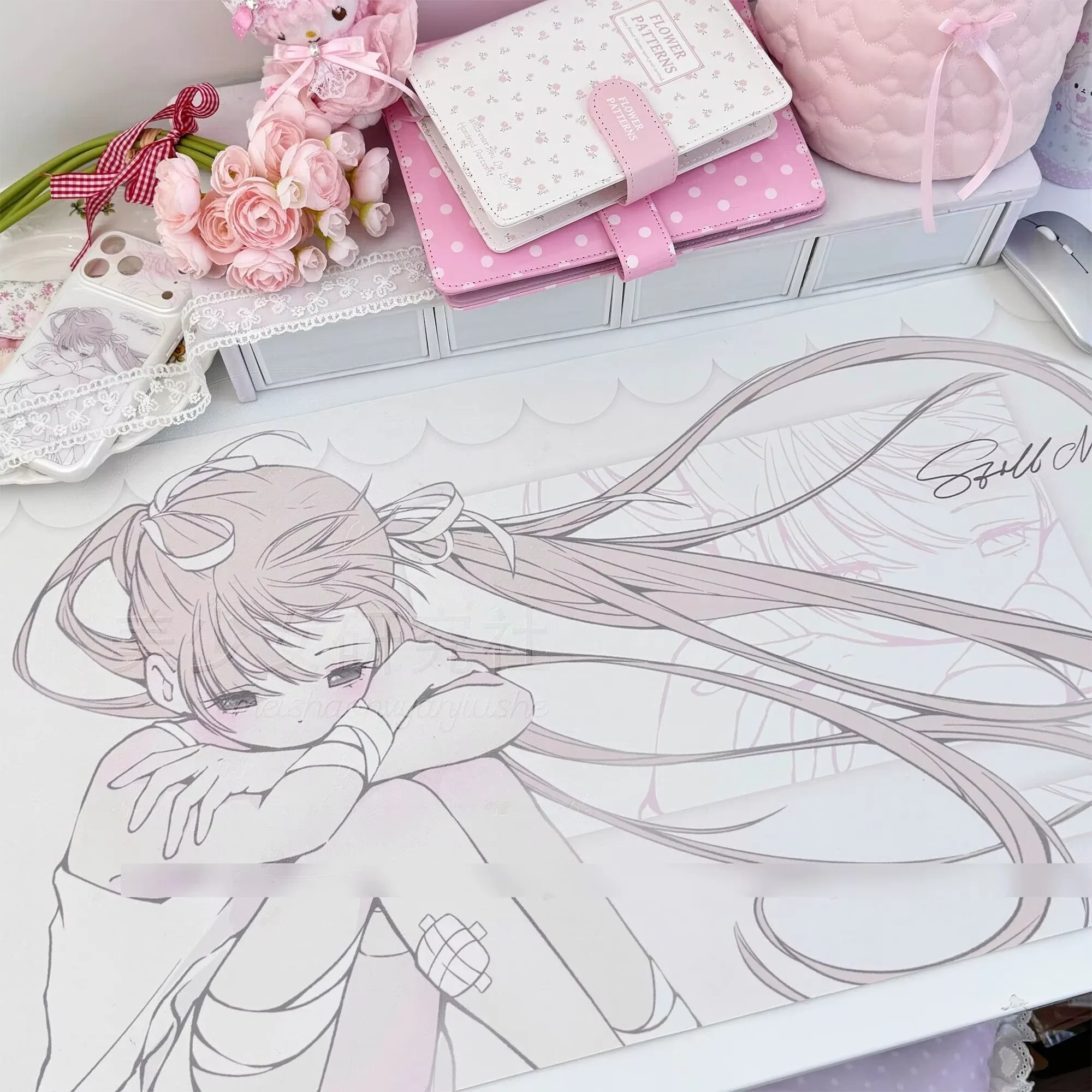 Japanese Anime Girl Long Hair Hurt Korea Y2K Leather Desk Pad Protector Mouse Pad Office Desk Mat Non-Slip PU Desk Blotter Pad