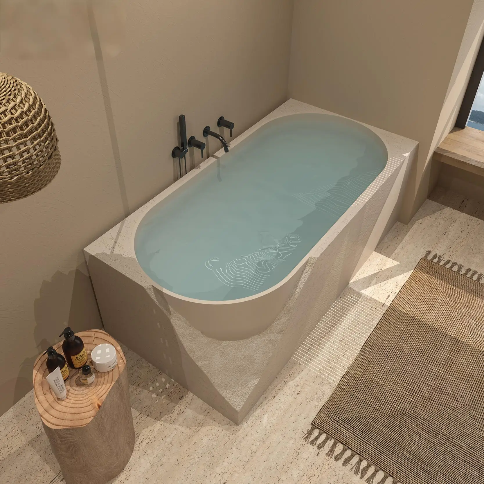 Wabi-Sabi Cultured Travertine Bathtub, Asymmetrical Designer Tub for Hotel & Home, Easy-Clean & Heat Retaining, Body Contour