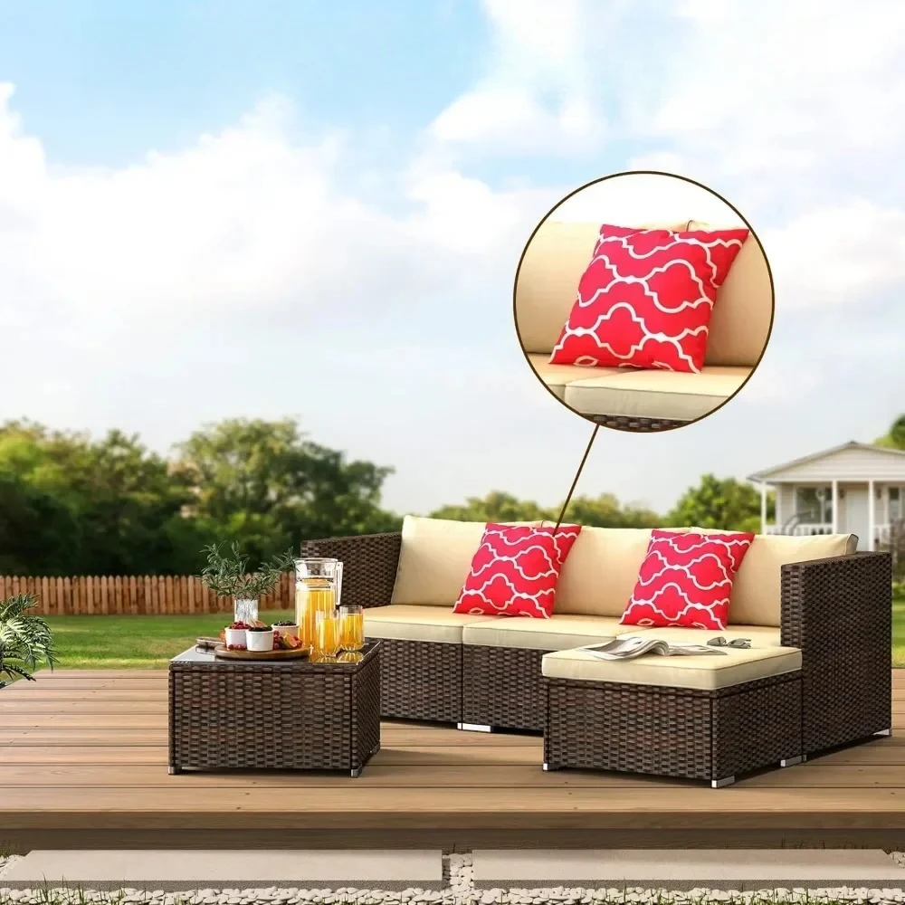 

l 5-Piece Patio Furniture Set Outdoor Couch with Glass Coffee Table and Two Pillows, Outdoor Sectional Conversation Set