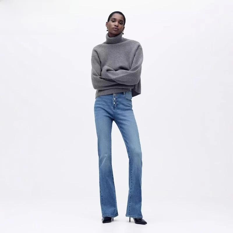 Spring Women's Casual Waed Effect A-Line Pants High Waist Spirituous Flared Jeans Commute Sle Zipper Closure Long Trousers