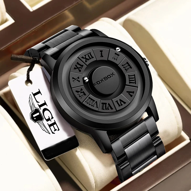 

LIGE Fashion Men's Watches Creative Scrolling Pointer Magnetic Force Quartz Wristwatch Mens Stainless Steel Man Watch Reloj+Box