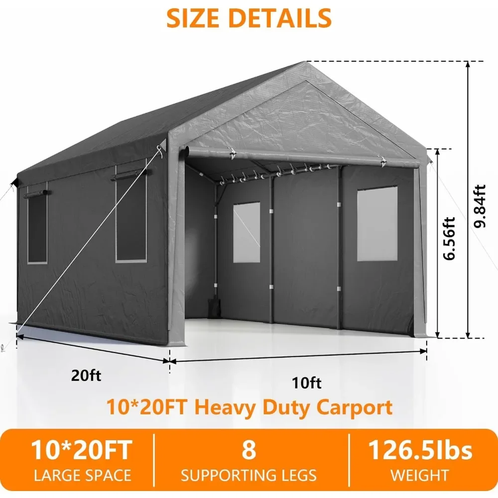 10'x20' Carport Garage with Removable Sidewalls & Doors, Roll-up Ventilated Windows, Heavy Duty Carport Garage