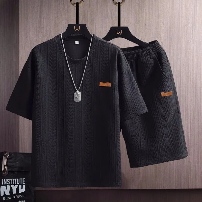 여름 패션 솔리드 컬러 스포츠 피트니스 반팔 티셔츠 세트 남성 느슨한 편안한 통기성 대형 투피스 세트