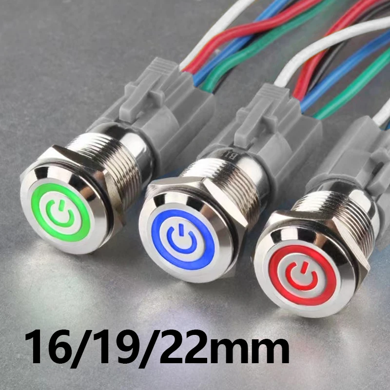 16/19/22mm Waterproof Metal Push Button Switch 220v led light Momentary self-Latching reset Power Switch 5V12V Red Blue ip65