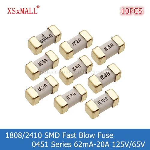 10 Uds 1808/2410 SMD fusible de soplado rápido 0451 62mA 100mA 200mA 375mA 500mA 750mA 1A 2A 3A 4A 5A 6.3A 7A 8A 10A 12A 15A 20A 125V/65V