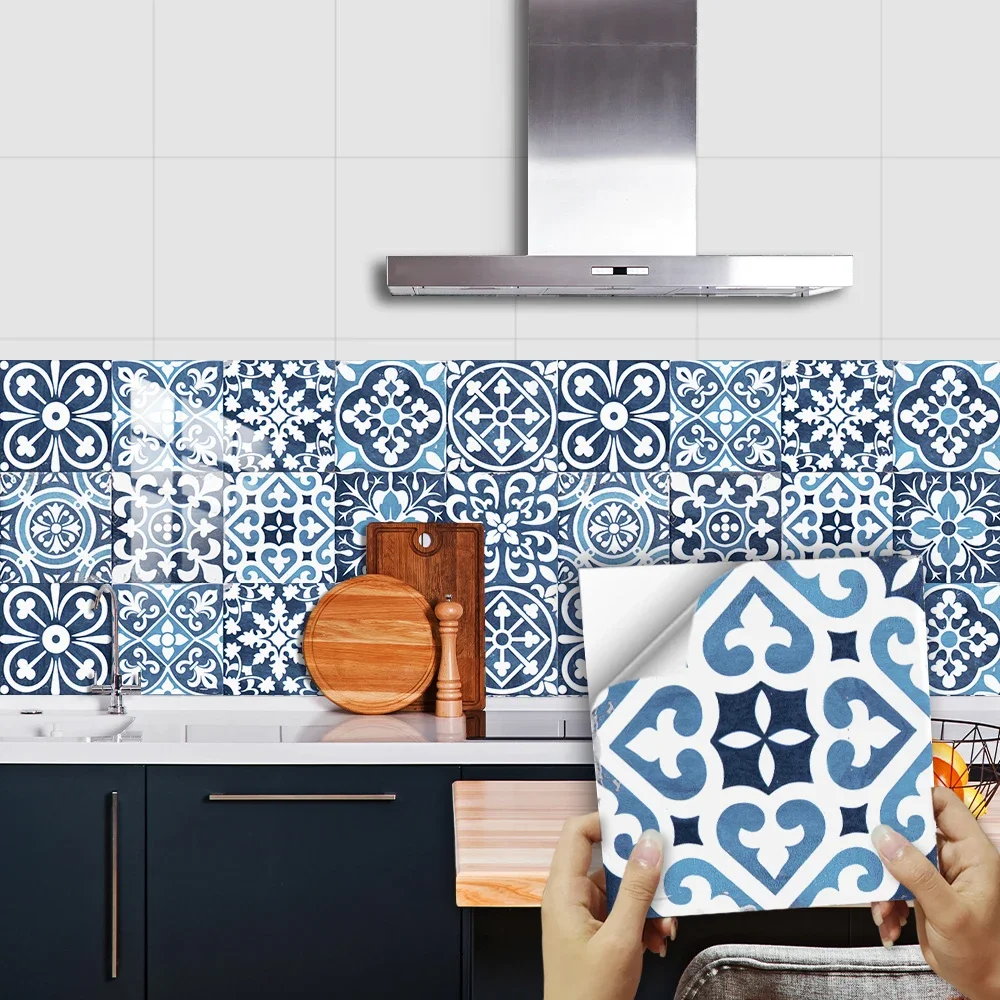 10pcs Mexican Style Tiles Sticker Kitchen Backsplash Oil-proof Cupboard Surface Gloss Peel & Stick Waterproof Art Wall Decals