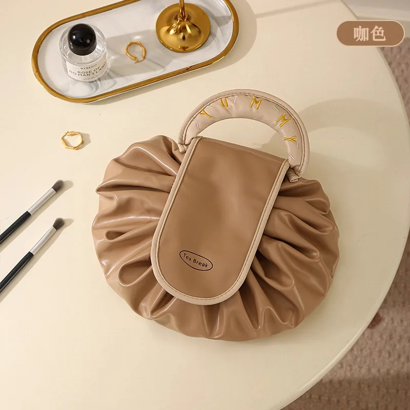 Lazy Drawstring Cosmetic Bag Waterproof PU Portable Large Capacity One-Closure Makeup Organizer for Women Girls Travel Gifts