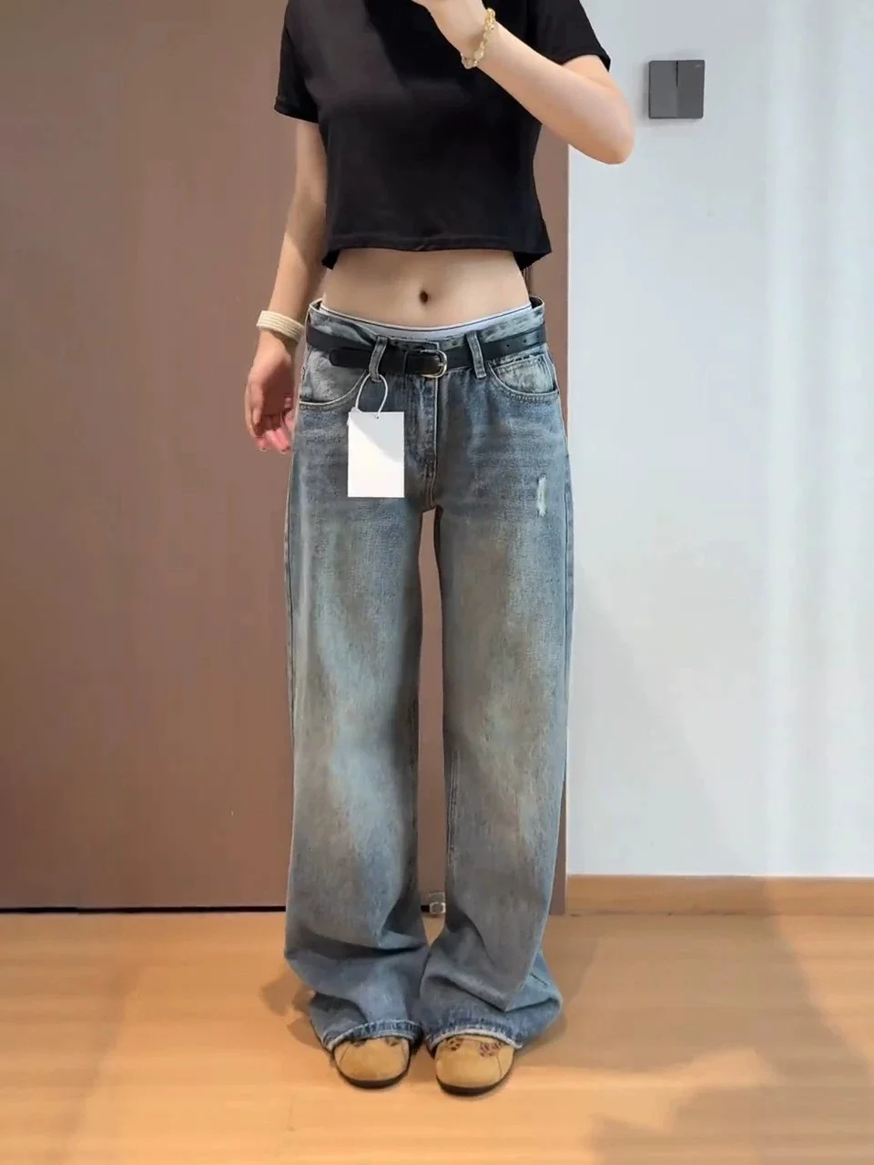 Low Waist Bell Bottom Women's Jeans High Waist Flared Trousers Star Print Casual Straight Leg Floor Length Pants