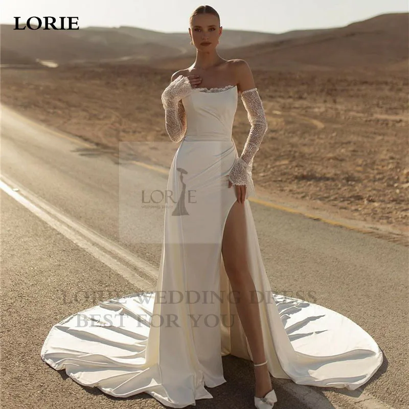 

LORIE Matte Satin Ivory Side Split Mermaid Wedding Dresses Bridal Gowns Sequins Long Sleeve Floor Length Wedding Party Gowns