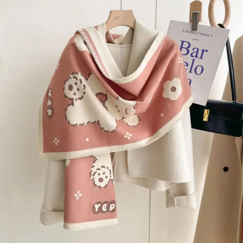 Sweet Cute Bear Floral Printed Tassel Shawl Women Thick Faux Cashmere Scarf Casual Daily Warm Large Shoulder Outer Wrap Blanket