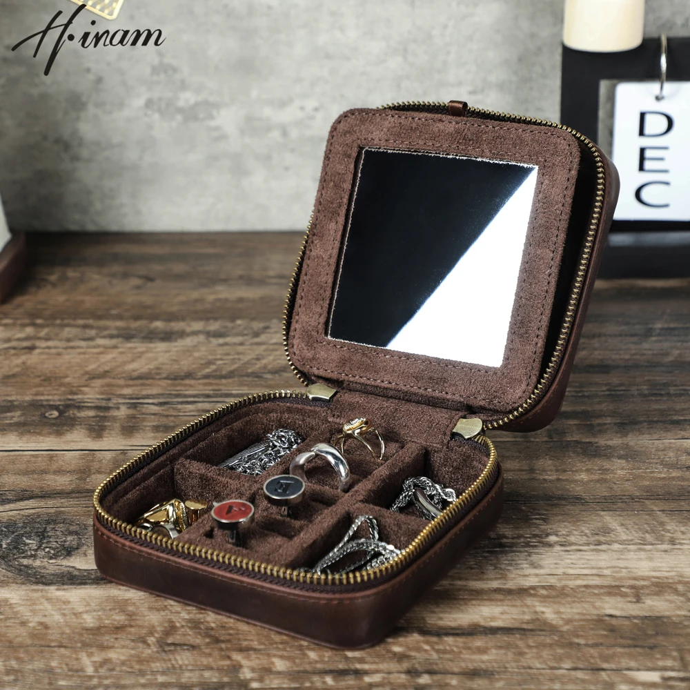 Luxury Cowhide Leather Travel Jewelry Ring Necklace Bracelet Box Portable Storage Square Case with Mirror High Capacity Gift