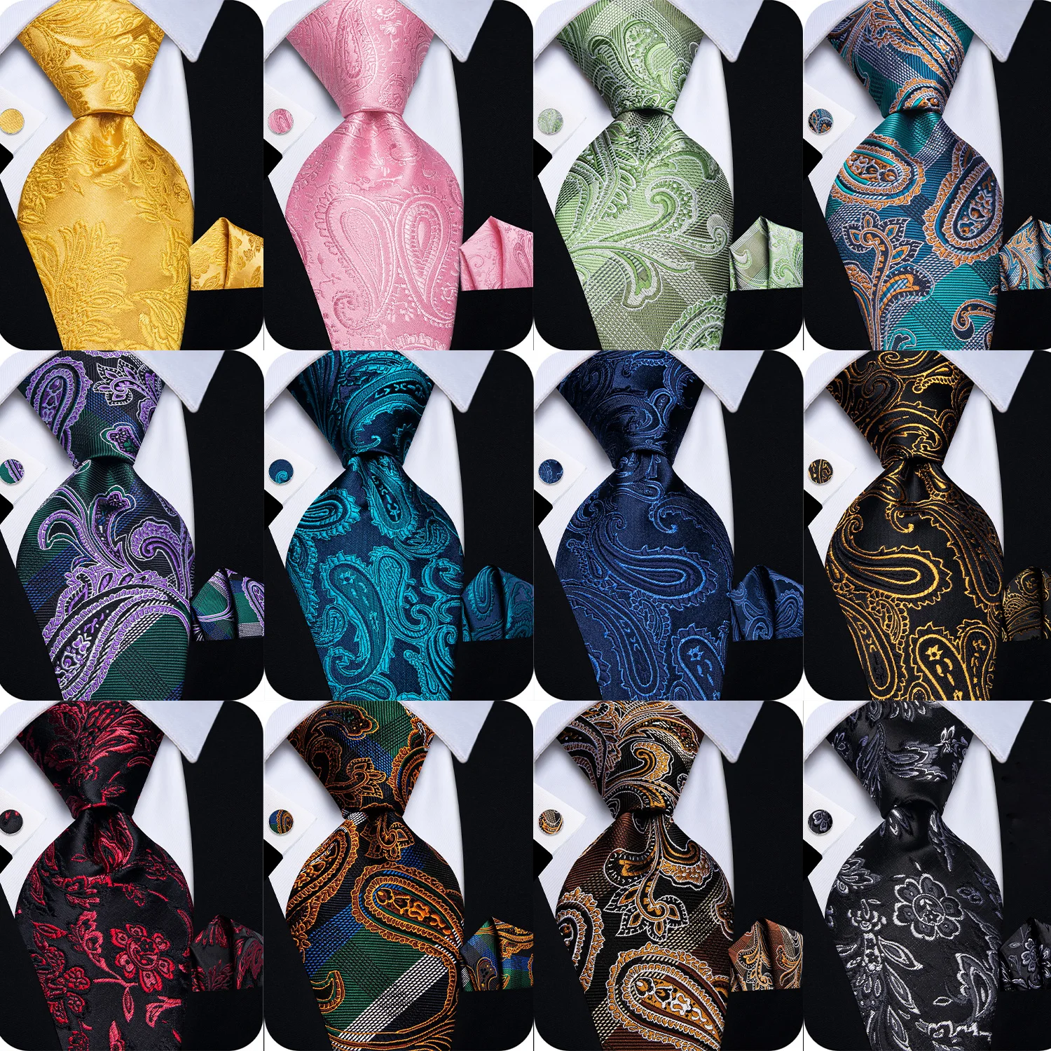 Wedding Formal Men Tie Set 3PCS Paisley Jacquard Necktie Pocket Square Cufflinks Business Party Suit