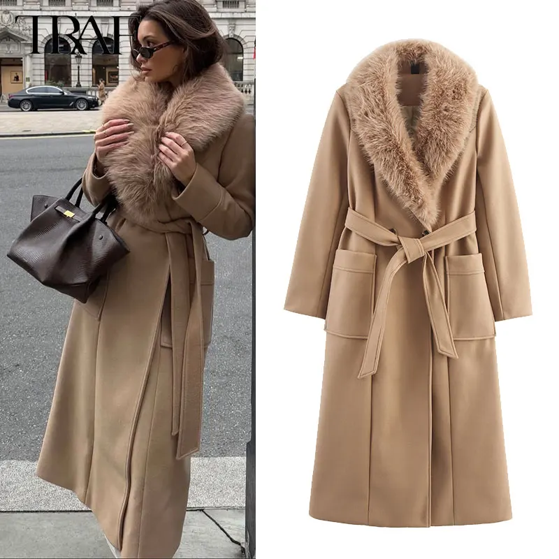 

TRAF Fur Collar Pocket Tie Woolen Coat Jacket Elegant Office Lady Overcoats Fur Patchwork Long Sleeve Woolen Coat Women's Jacket