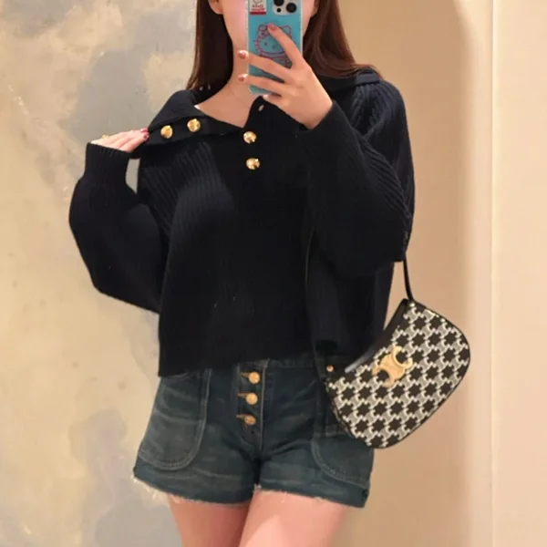 Suéter longo de malha com botão dourado, cor pura, gola virada para baixo, lã, faion para mulheres, outono inverno