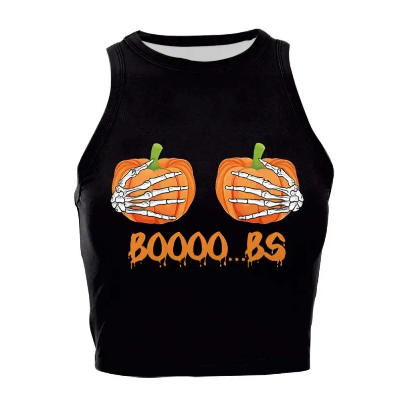 Nadanbao Damen-Crop-Top mit Geister-Kürbis-Print, kurze Weste mit Rosen-Totenkopf-Muster, sexy, schmales, ärmelloses Hemd, Halloween-Party-Top – Detail 18