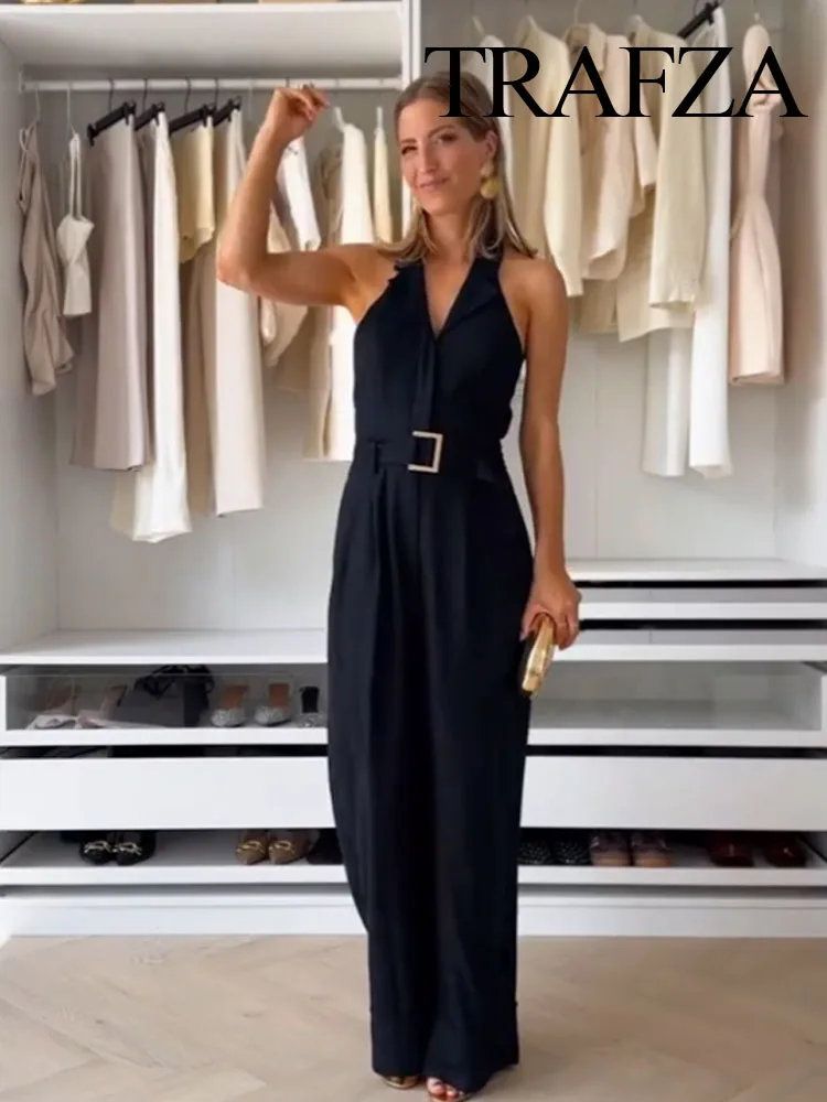 

TRAFZA 2025 Woman Fashion Summer Jumpsuits Turn-Down Collar Sleeveless Backless Belt Decoration Single-Breasted Female Jumpsuit