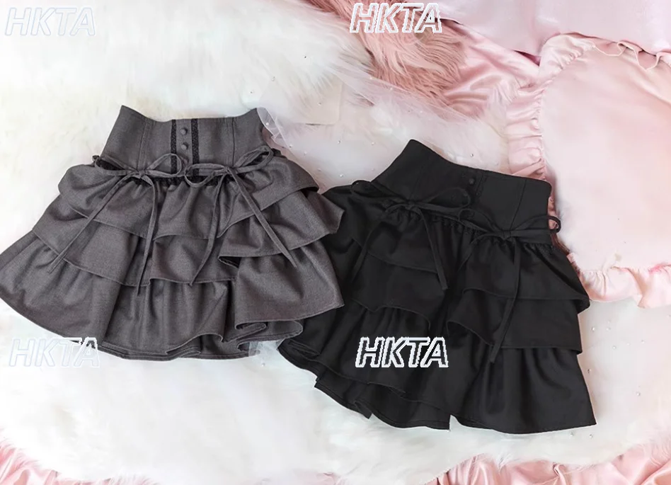 

Japanese Style Sweet Lace Edge Strap Bow Decoration Wide Waist Seal Skirt Women Cascading Ruffle Edge High Waist Cake Skirt Girl