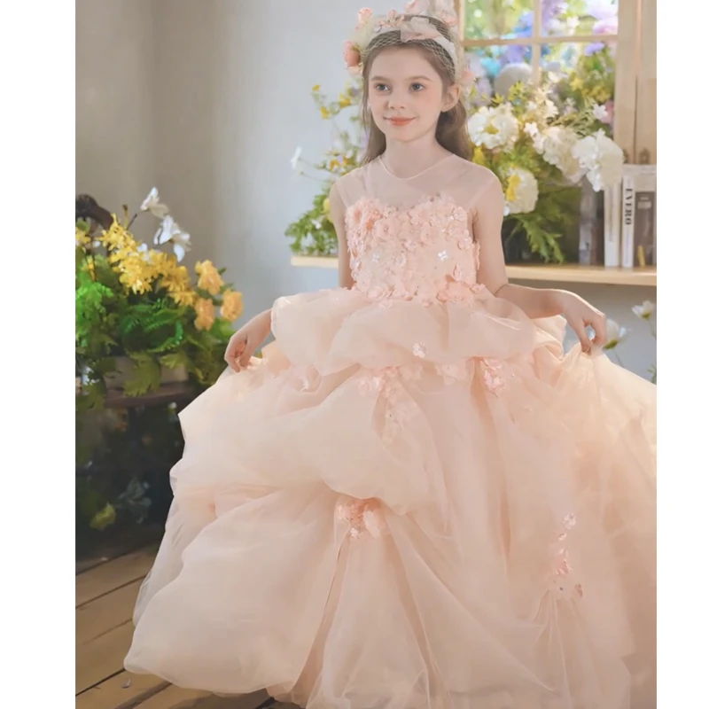 Pink Children Girls Princess Party Dress Flower Girl WeddingKids Fashion Show Pageant Gown for Birthday Host Piano Performance