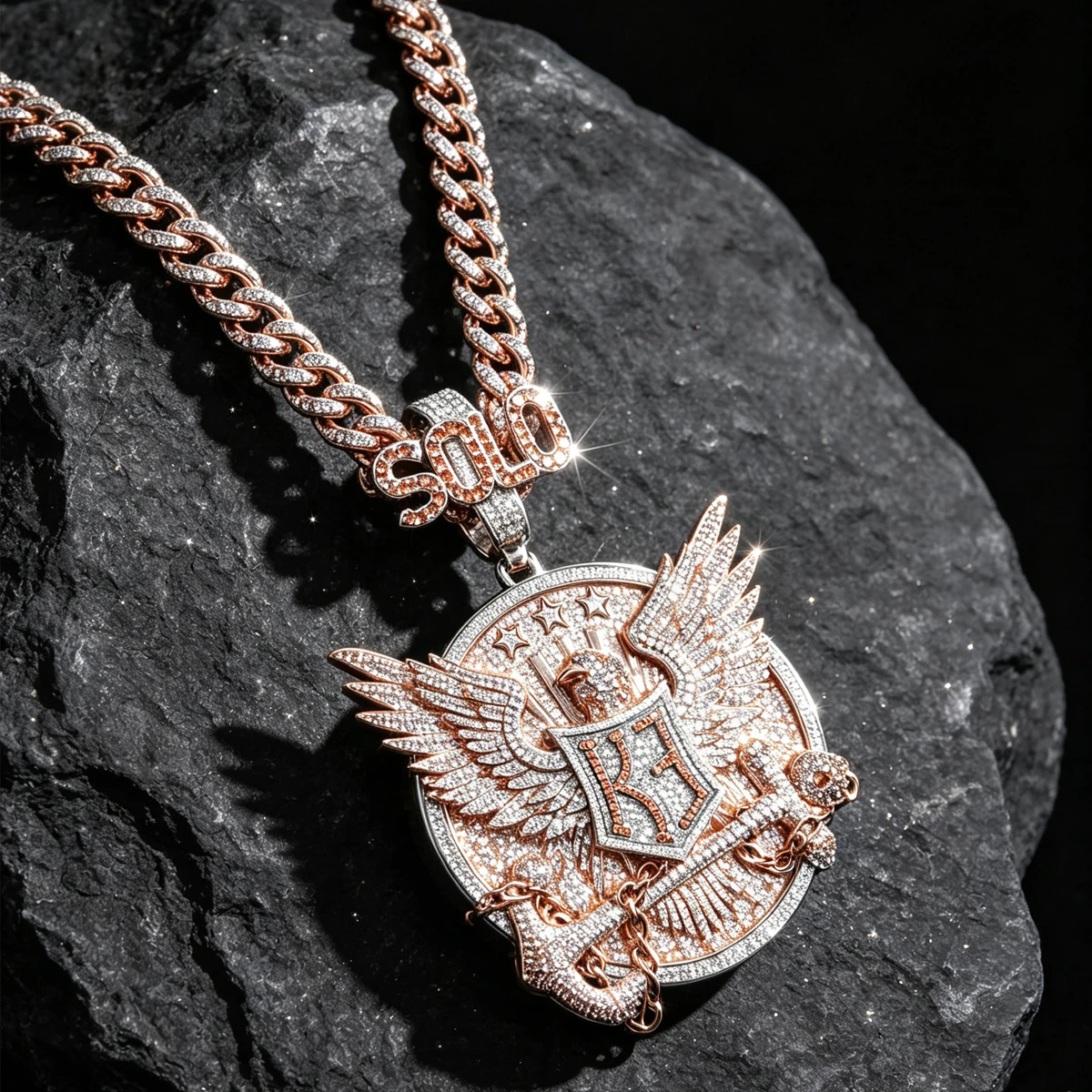 18K Rose Gold Plated Solo Eagle Medallion Pendant Shiny Iced Out CZ Fully Micro Paved Big Round Medal Charm With Winged Eagle Shield Design Luxury Rapper Necklace Accessory Men Fine Jewelry Gifts For Streetwear Party Hip Hop Bling Jewelry Statement