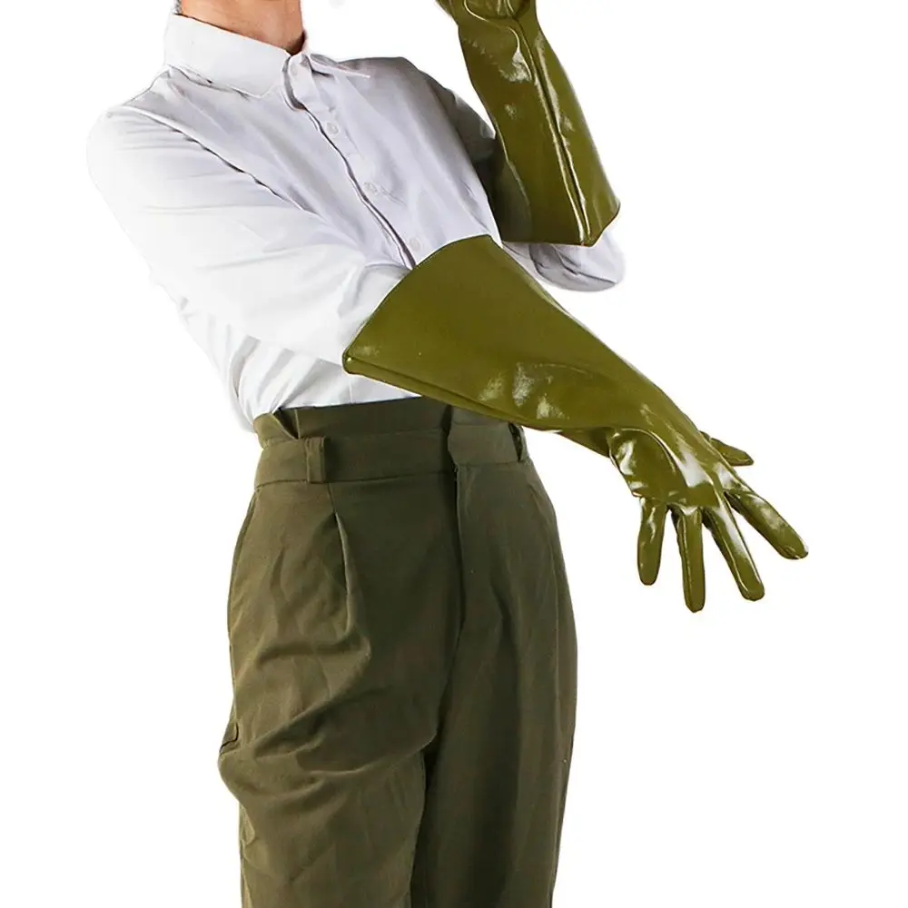 Unisex Olive Army Green Military Shine Leather Gloves Puff Sleeves 38cm Wide Balloon Large For Cosplay Party Sexy Wet Aesthetic