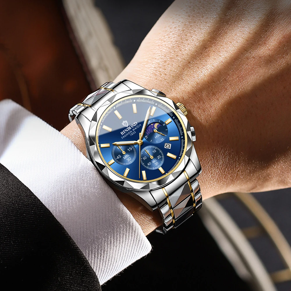 BINBOND Orologio da uomo multifunzionale con fibbia a farfalla a sei aghi Orologio al quarzo impermeabile con doppio calendario alla moda in acciaio al tungsteno