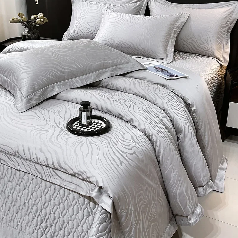 100s Long Staple Cotton Quilted Bedspread Set 4Pcs – Jacquard Light Luxury All-Season Coverlet with Fitted Sheet & Pillowcases