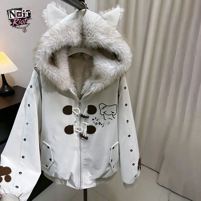 Kawaii Korean Women White Hooded Jacket Cat Ear Faux Fur Trim Cartoon Cat Embroidery Paw Print Toggle Button Zip Up Warm Winter