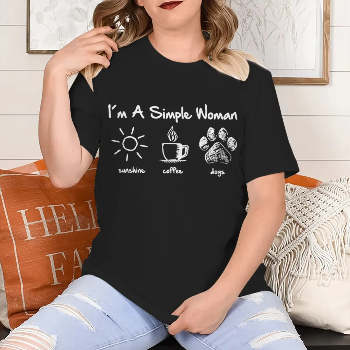 I Am A Simple Woman with Letters Sunshine Coffee Dog Pattern T-shirt Fun Cute Retro Women's T-shirt Fashion Casual Summer Top