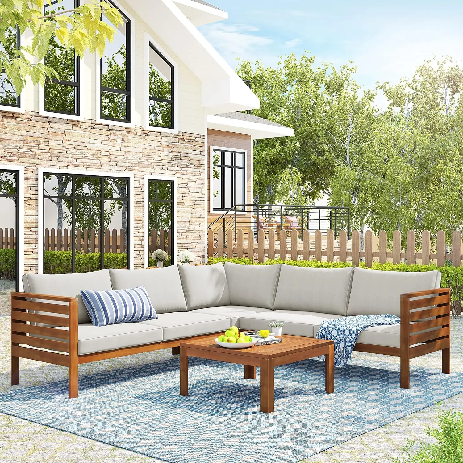

4 Piece Outdoor Patio Furniture Set, Acacia Wood Sectional Sofa w/Seat Beige Cushions, Patio Sectional Conversation, Customized