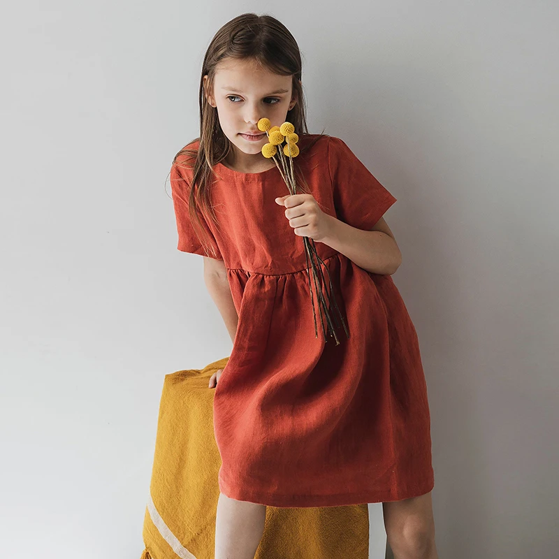 

Cotton and Hemp Girls Summer Retro Short Sleeve Solid Color Dress Loose Casual Muslim Skirt, TZ30
