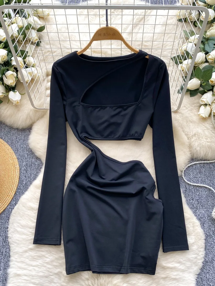 Foamlina Girly แขนยาวผู้หญิงฤดูร้อน Crop Top ไม่สม่ําเสมอ Hem Slim Fit เอว Hollow Out Bodycon Mini Dress